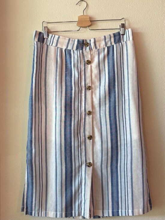 Dash Dresses & Skirts - Linen Blend Midi Summer Skirt Blue White Vertical Striped Pockets M / L Capsule